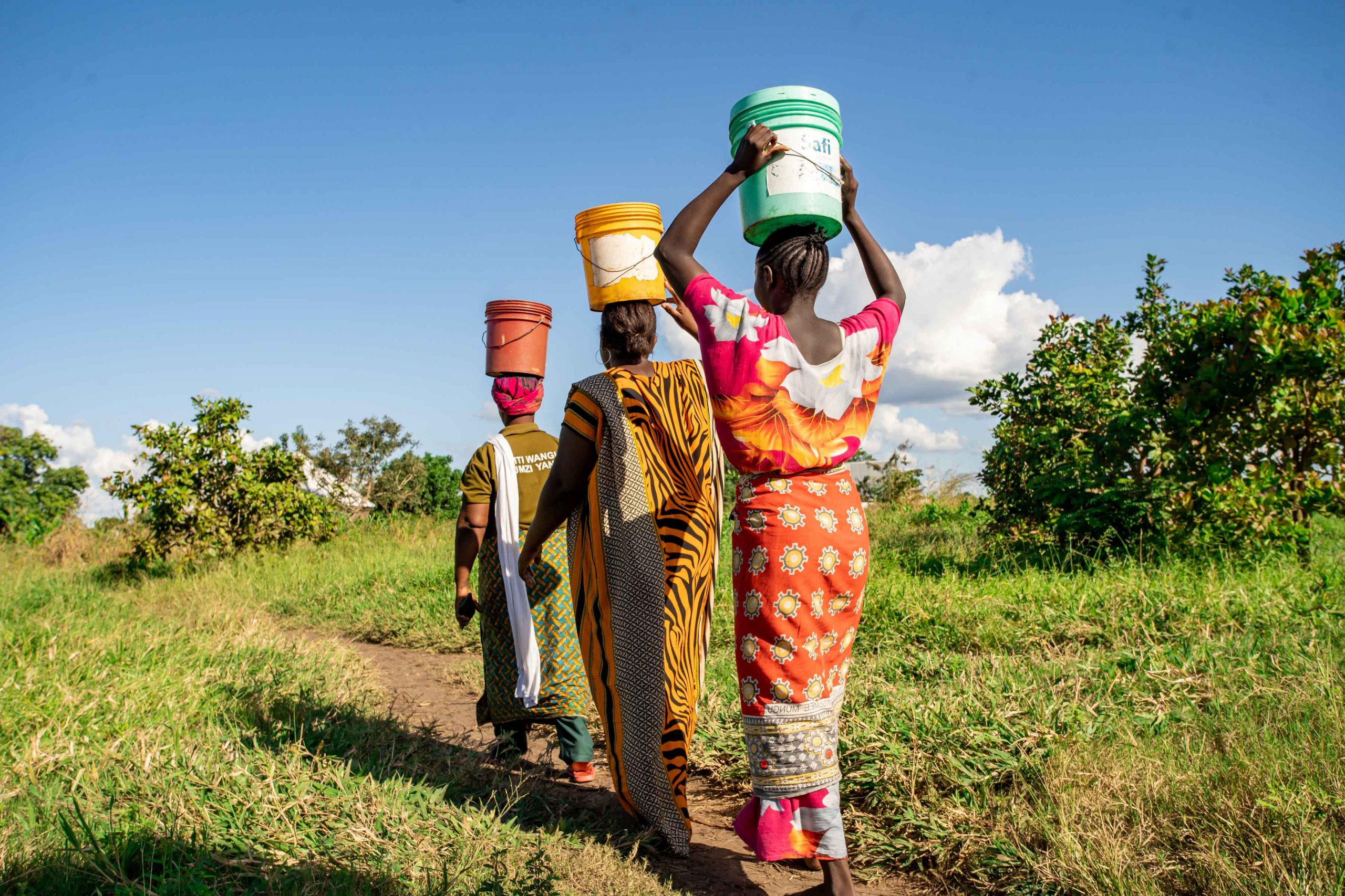 Women carrying buckets on their heads through the landscape