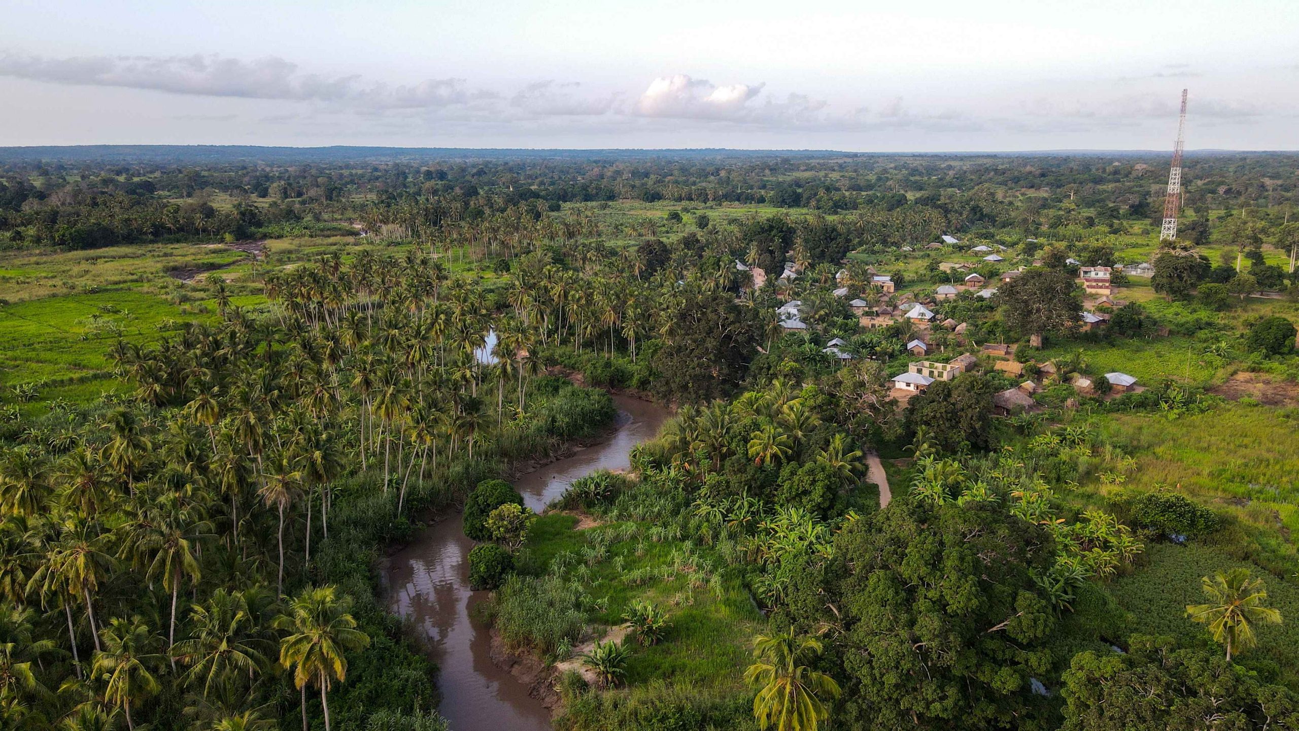 Aerial view of village houses and river in Tanzania